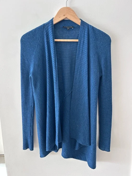 EILEEN FISHER Blue Ribbed Open-Front Cardigan | Soft Wool | Small - Picture 1 of 4